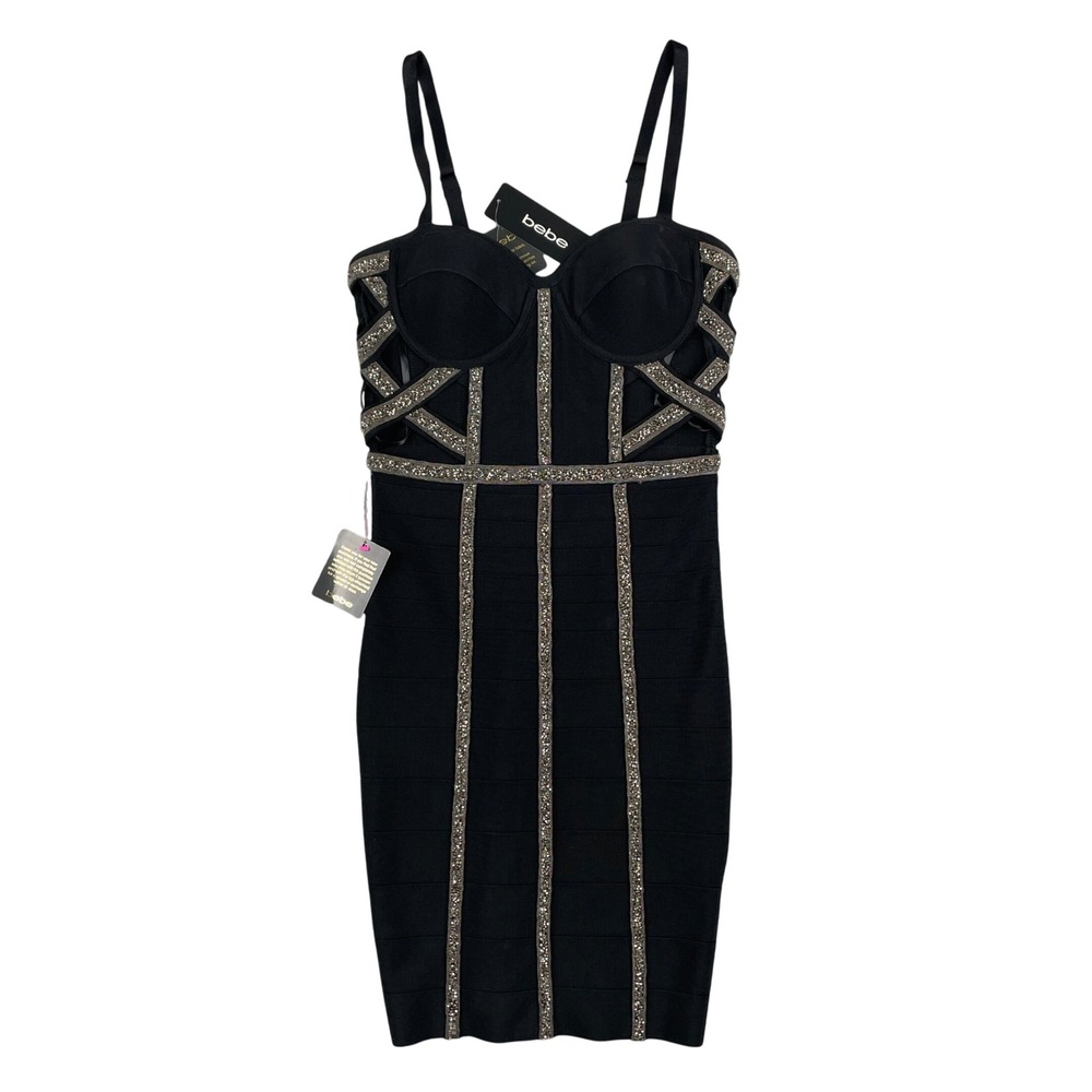 NWT Bebe Maia Bandage Dress Womens S MSRP $189 Black Rhinestone Bodycon Cocktail